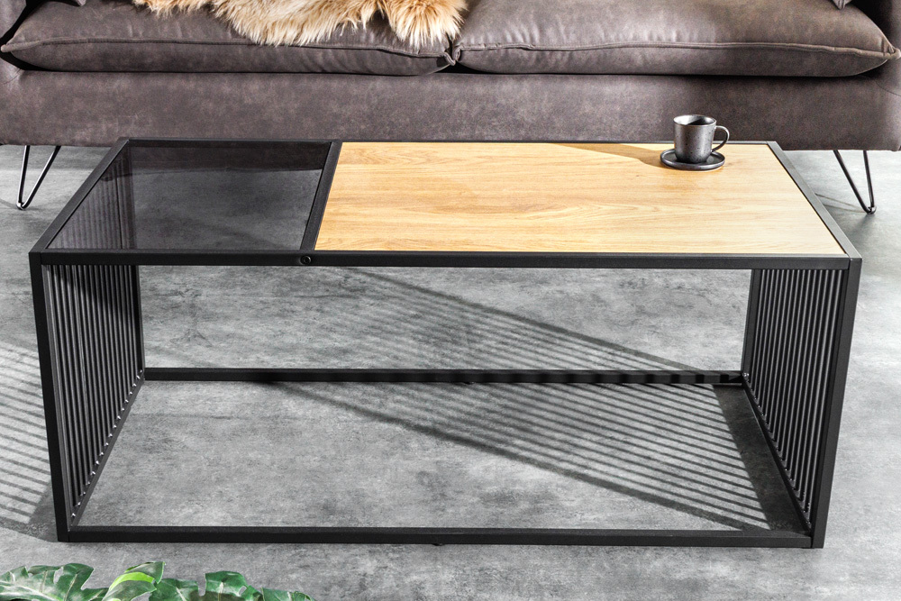 Design Couchtisch ARCHITECTURE 100cm schwarz Wildeiche Rauchglas Metall Holz