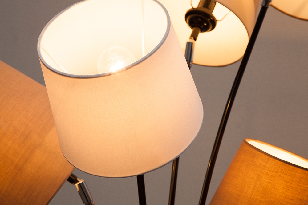 Design Stehlampe LEVELS 176cm weiß beige braun mit 5 Leinenschirmen