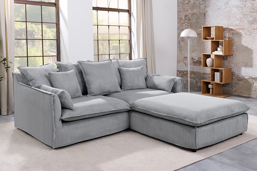 Großes 3-Sitzer Sofa HEAVEN 200cm hellgrau Cord Federkern Hussensofa abnehmbarer Bezug