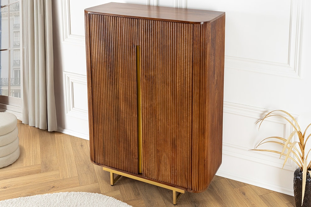 Massiver Barschrank GATSBY 140cm braun Mangoholz gold Metallgestell Retro