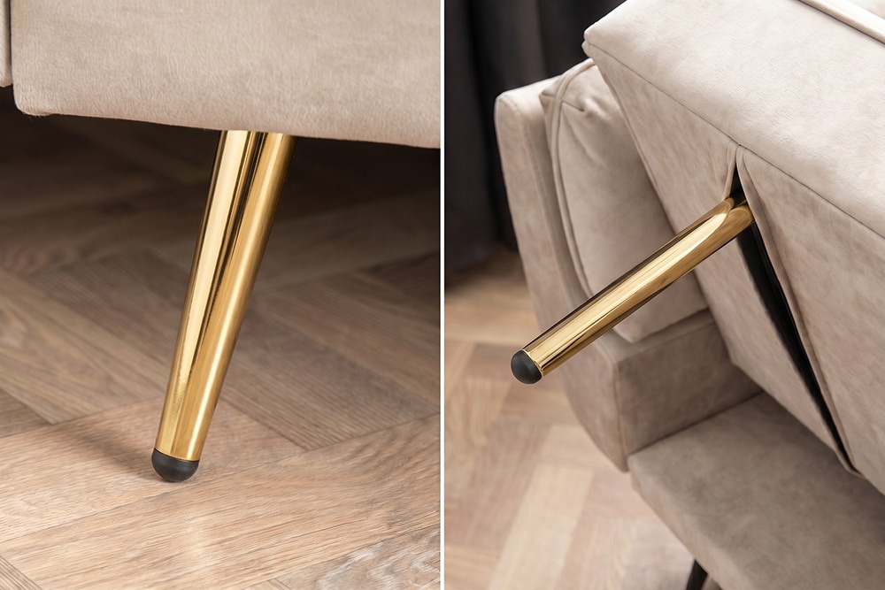 Retro Schlafsofa BOUTIQUE 215cm champagner beige Samt 3-Sitzer mit goldenen Füßen
