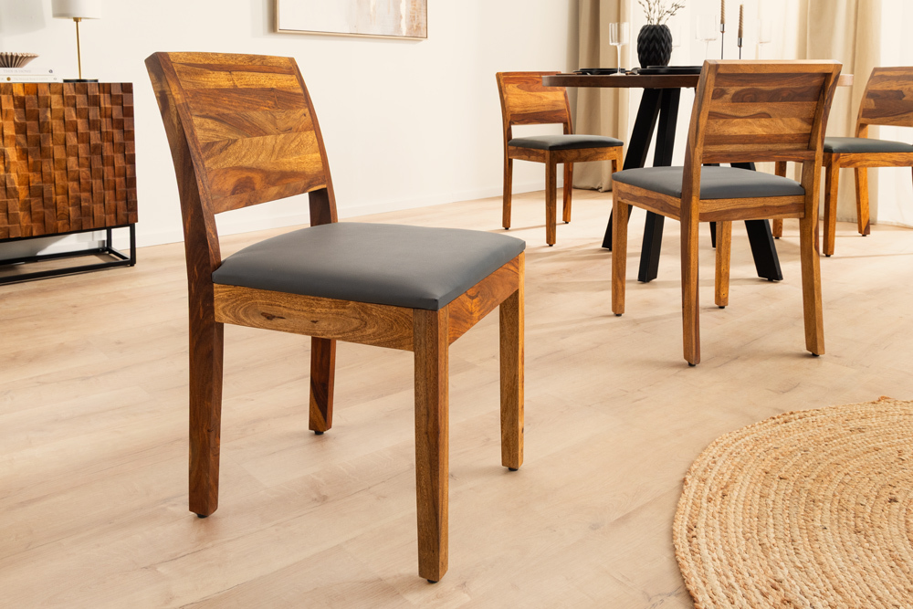 Massivholz Stuhl PURE braun stone finish dunkelgrau Sheesham mit Kunstlederbezug