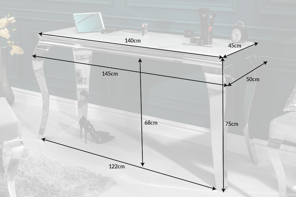 Eleganter Konsolentisch MODERN BAROCK 145cm mit Glasplatte Marmoroptik Edelstahlbeine