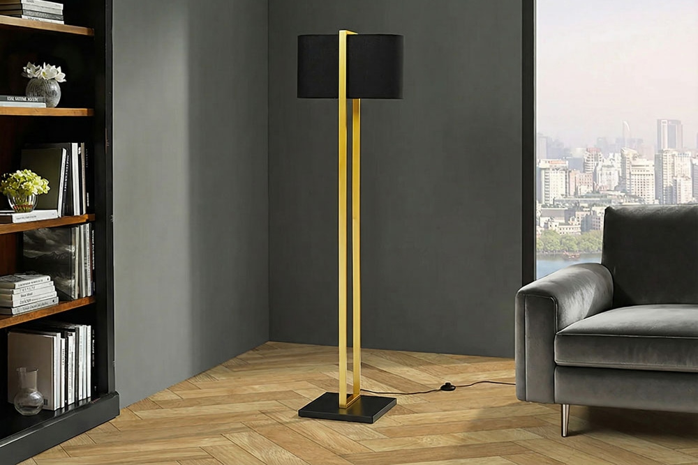Minimalistische Stehlampe COLLEEN 160cm gold schwarz Stoffschirm mit Metallfuß