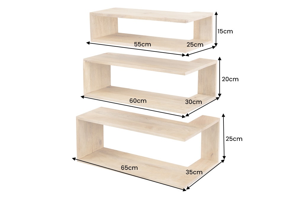Massives 3er Set Wandregale SURREAL 65cm natur Außenecke Mangoholz