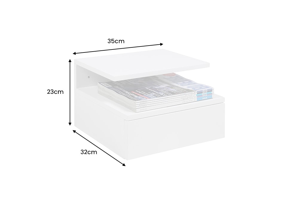 Hängender Nachttisch FLOATING 35cm weiß Regal mit Schublade