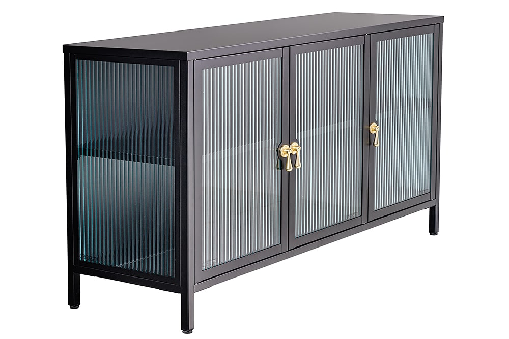 Modernes Sideboard AMSTERDAM 105cm schwarz gold Riffelglas Metall Vitrine Schrank