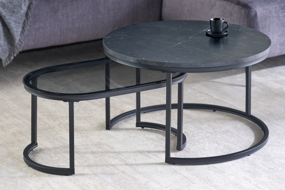 2er Set Couchtisch ELEGANCE 70cm graphit Marmor-Design Glas Metall rund oval