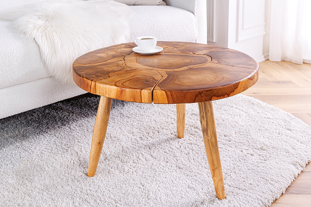 Runder Massivholz Couchtisch MOSAIK 60cm natur Teak Baumstamm handmade
