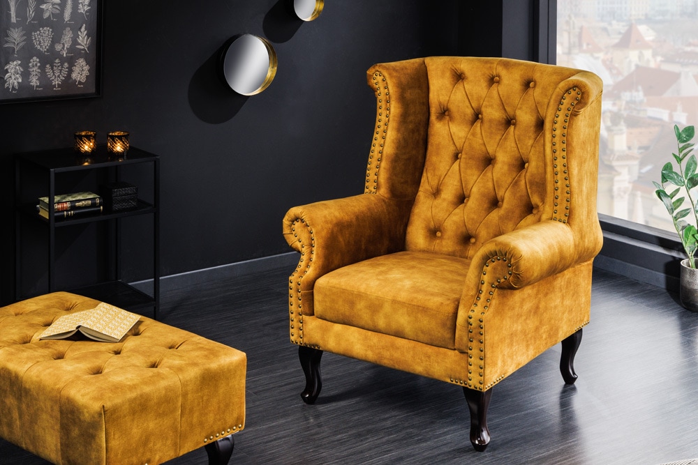 Design Ohrensessel CHESTERFIELD 85cm senfgelb Samt Knopfheftung