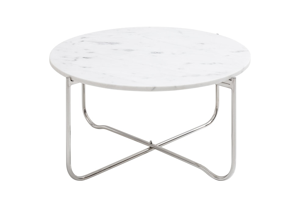 Runder Couchtisch NOBLE 65cm weiß Marmor abnehmbare Tischplatte klappbar silber Metall