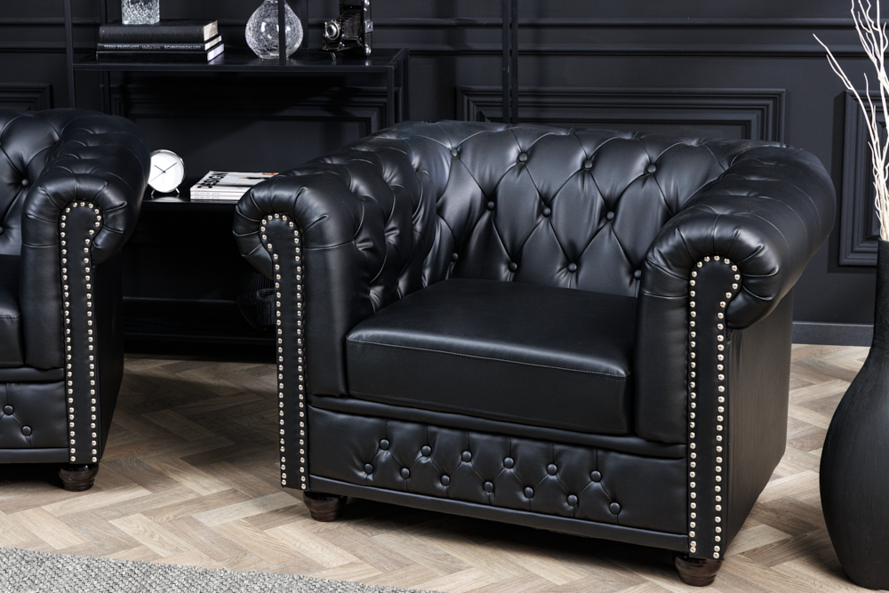 Design Sessel CHESTERFIELD 110cm matt schwarz Knopfheftung Federkern