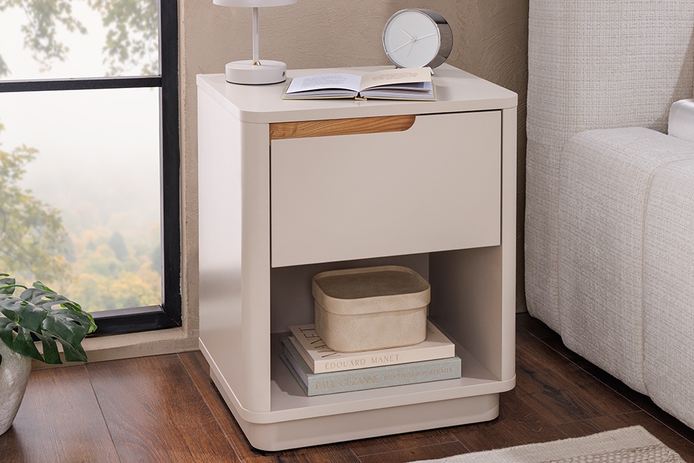 Design Nachtschrank LIV 55cm cashmere weiß mit Schublade und offenem Fach Design Nachtschrank LIV 55cm cashmere weiß mit Schublade und offenem Fach