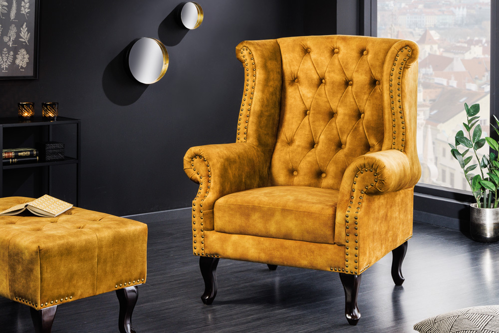 Design Ohrensessel CHESTERFIELD 85cm senfgelb Samt Knopfheftung
