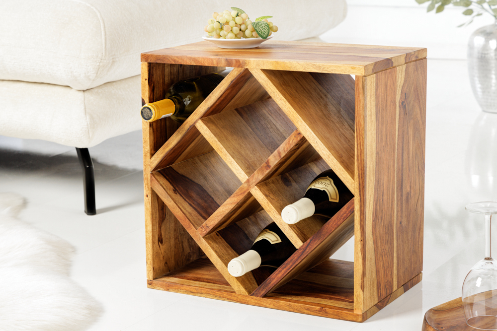 Massivholz Weinregal CUBUS 40cm braun Sheesham stone finish Beistelltisch handmade