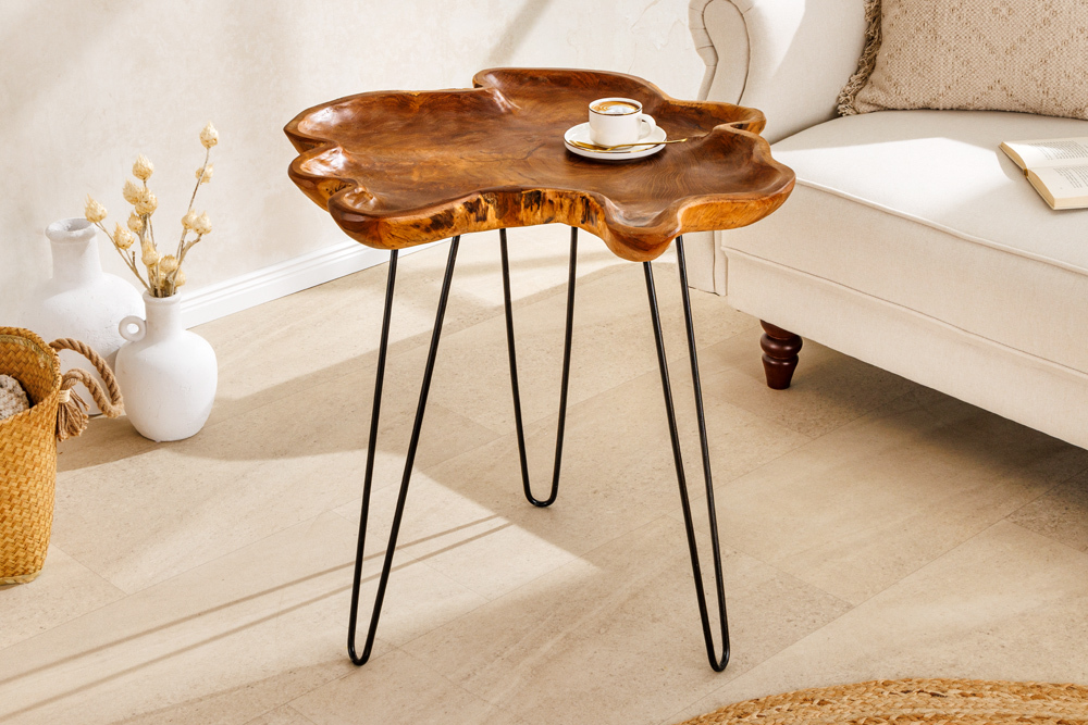 Einzigartiger Beistelltisch WILD 65cm natur Teakholz Hairpin Legs Couchtisch