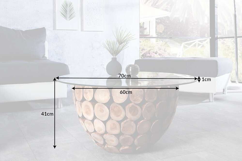 Handgearbeiteter Couchtisch PURE NATURE 70cm Teak Massivholz rund mit Glasplatte