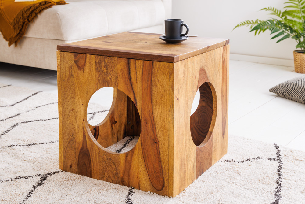 Massivholz Beistelltisch CUBUS 40cm Sheesham stone finish Hocker