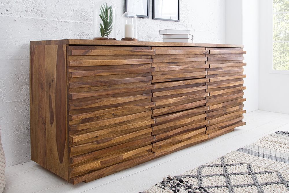 Massivholz Sideboard RELIEF 160cm braun Sheesham stone finish Kommode mit Schubladen