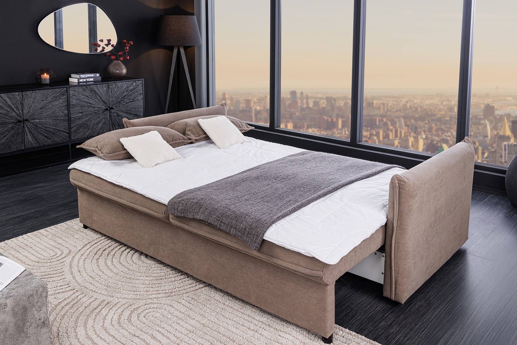 XXL Sofa mit Schlaffunktion APARTMENT  taupe Cord inkl. Bettkasten und Kissen