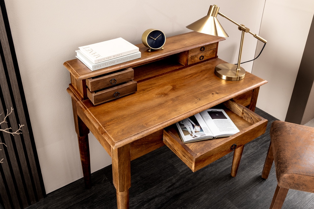 Design Sekretär HEMINGWAY M 90cm braun massiv Mangoholz honey finish Schreibtisch