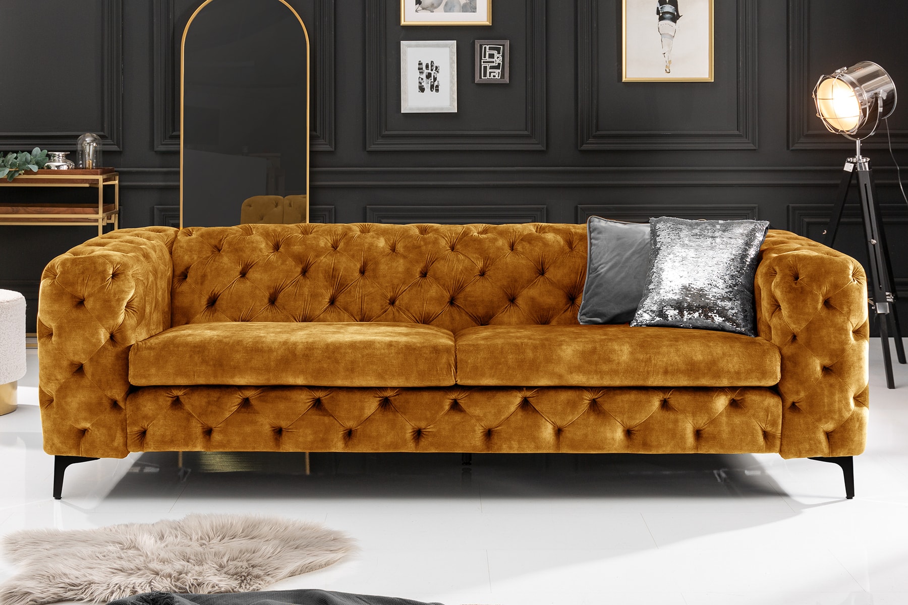 Chesterfield Sofa MODERN BAROCK 235cm senfgelb Samt 3-Sitzer Couch Federkern
