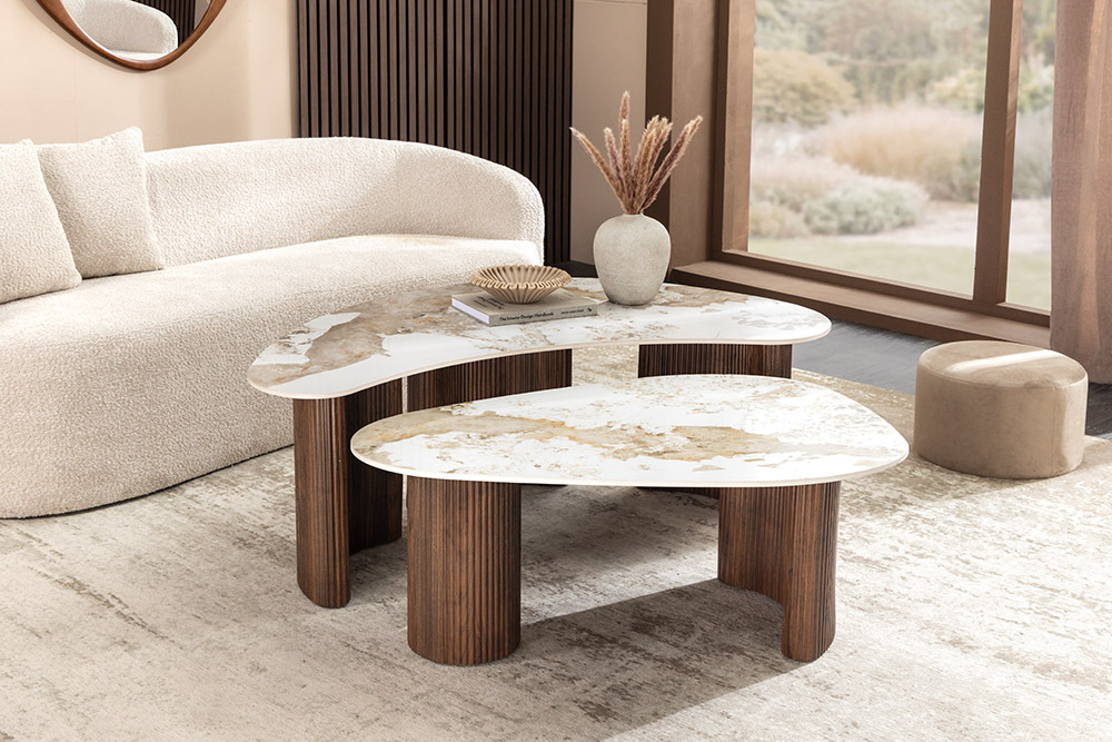 2er Set Couchtische OSAKA 120cm weiß Pandora Keramik Walnuss