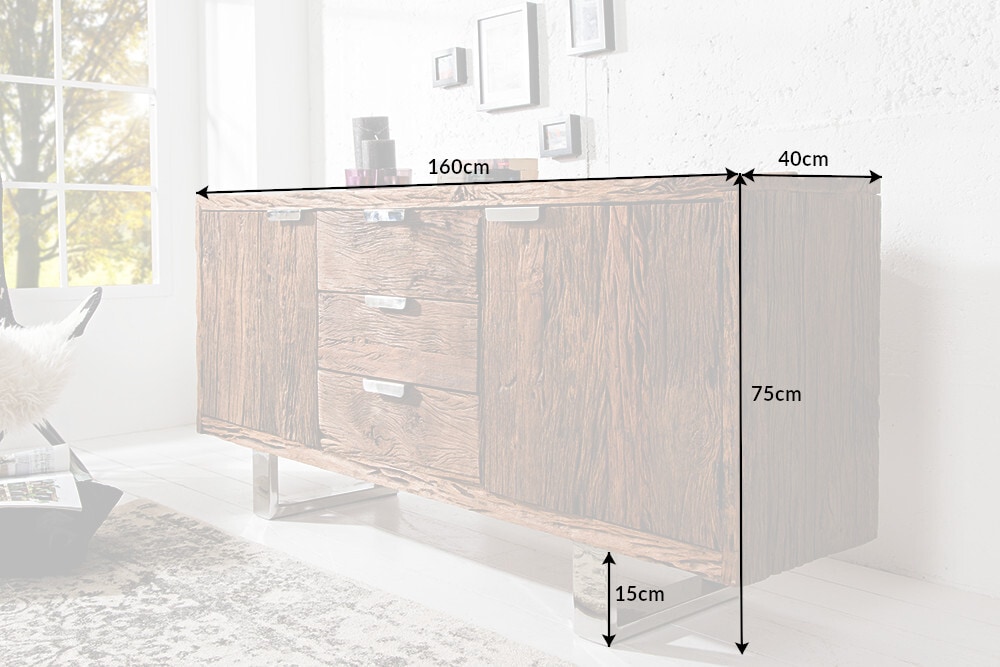 Massivholz Sideboard BARRACUDA 160cm Teak antik Kommode mit Schubladen Stahl Kufenfüßen