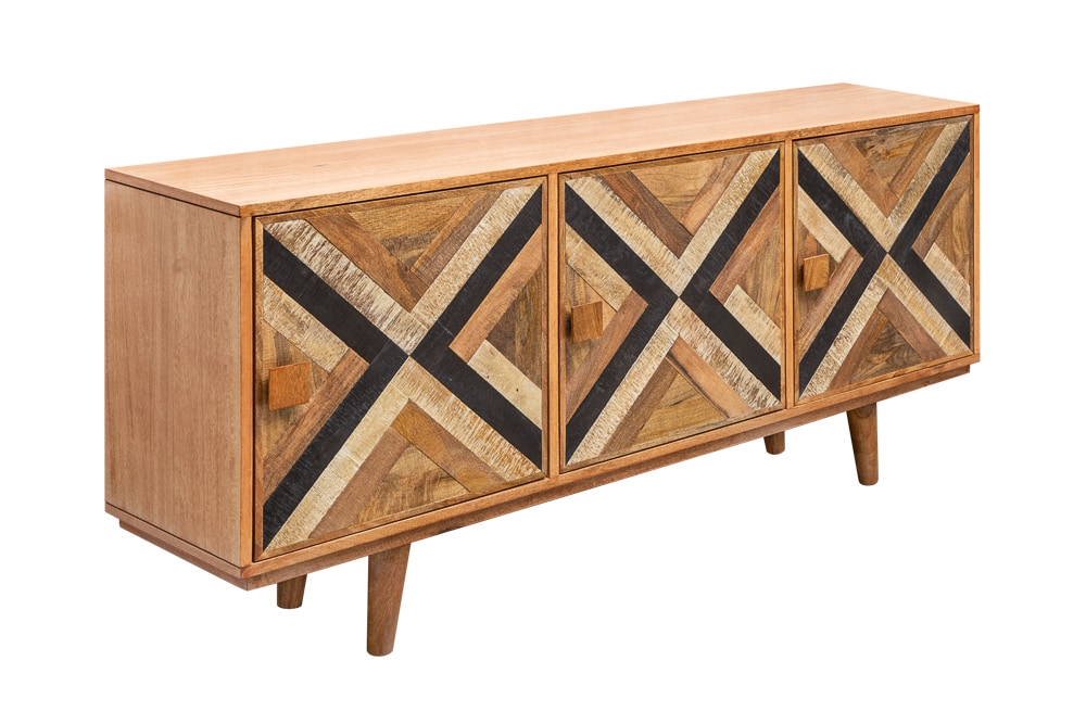 Elegantes Sideboard LONG ISLAND 160cm Mangoholz-Optik mit Retro Muster