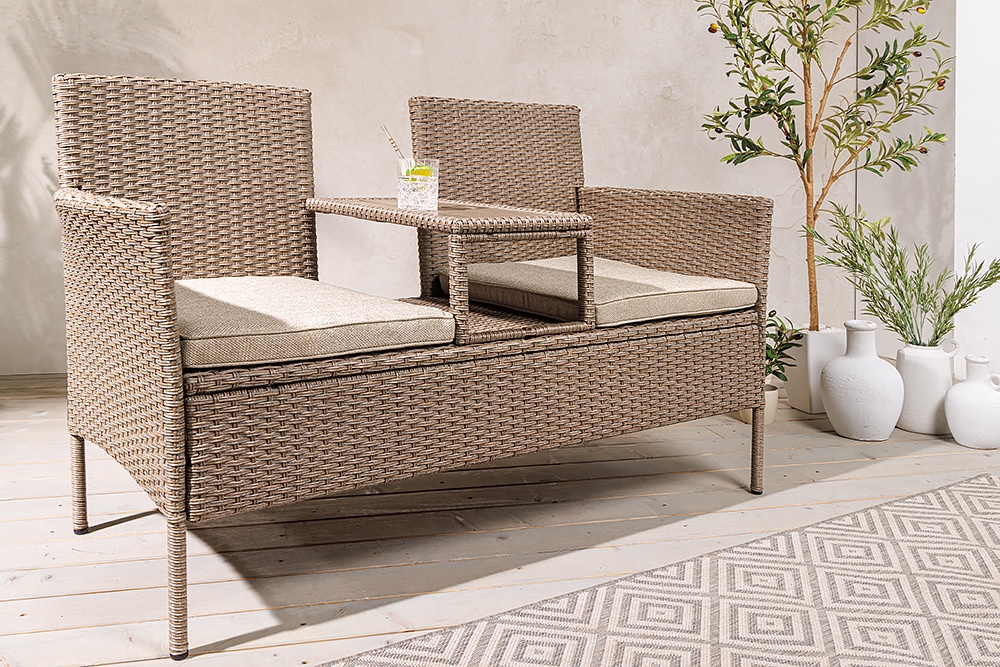 Moderne Gartenbank PORTOFINO 140cm natur beige Polyrattan Sitzbank mit Tisch wetterfest