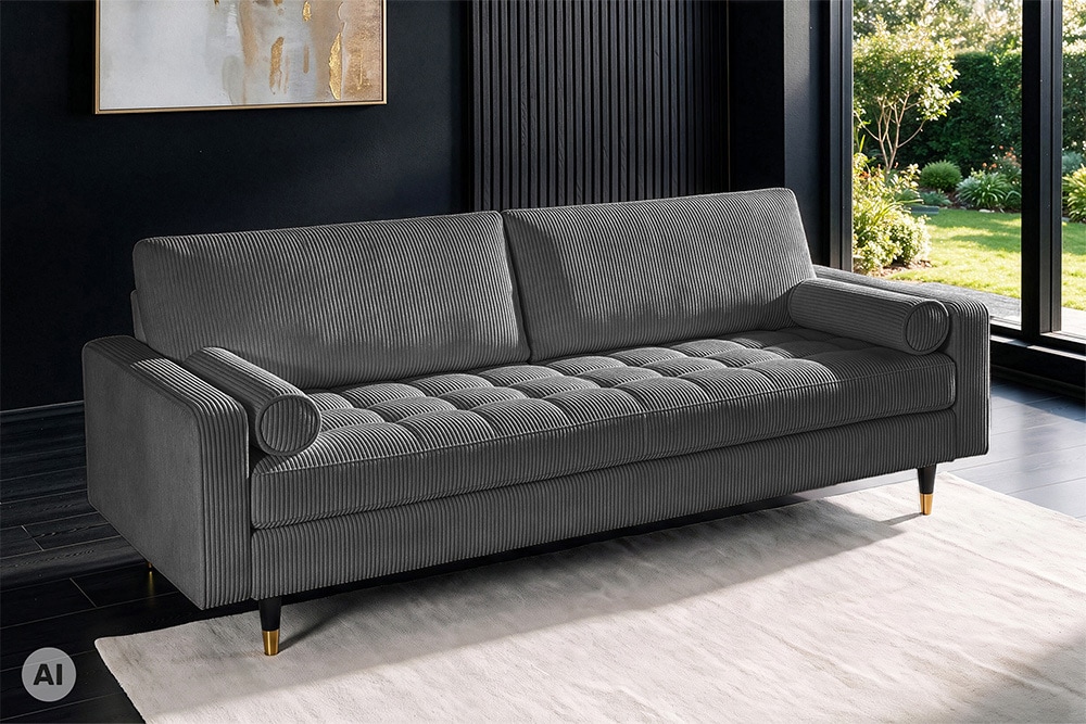 3er Sofa COZY VELVET 220cm grau Cord mit goldener Kappe