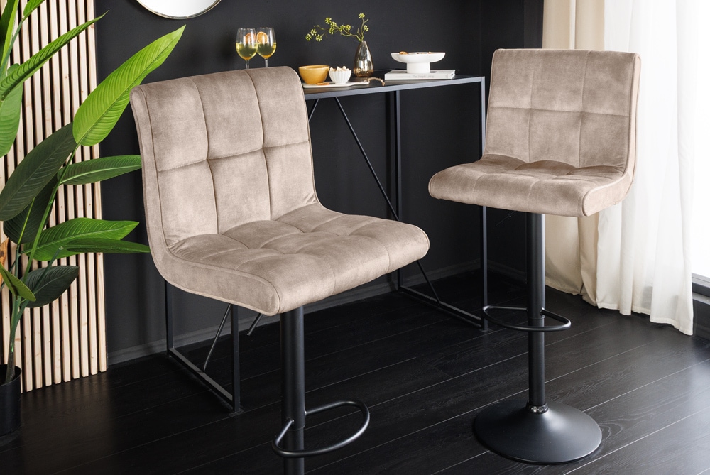 Höhenverstellbarer Barhocker MODENA champagner beige Samt Metall schwarz drehbar