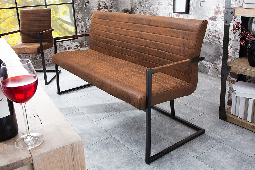 Industrial Freischwinger Bank LOFT 160cm vintage braun mit Armlehne