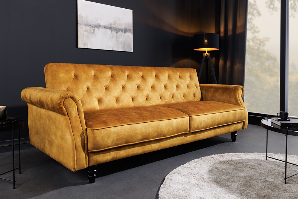 3-Sitzer Sofa MAISON BELLE AFFAIRE 220cm senfgelb Samt mit Schlaffunktion