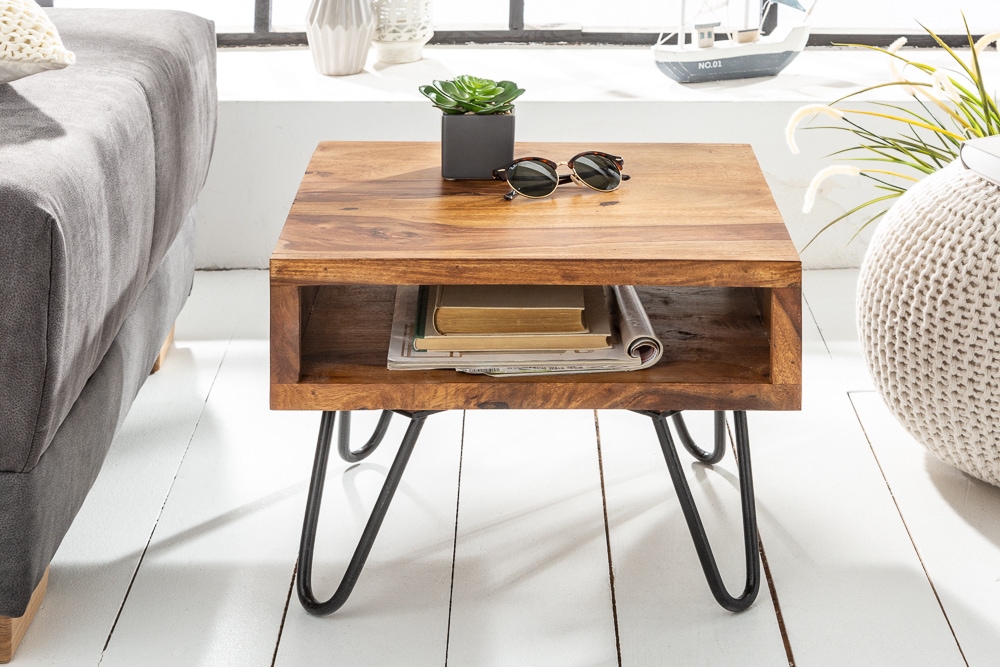 Massivholz Beistelltisch SCORPION 45cm braun Sheesham stone finish Hairpin Legs Stauraum