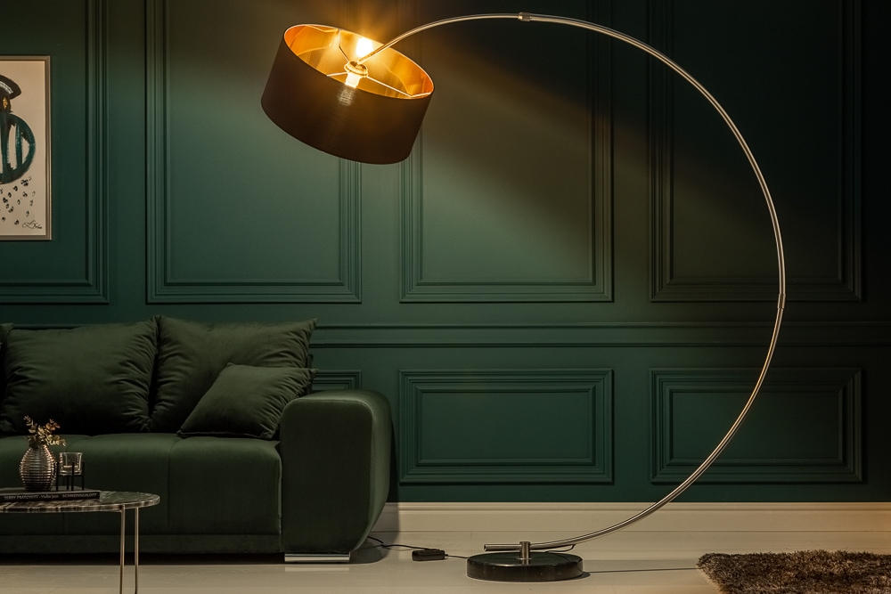 Dimmbare Bogenlampe PYTHON 190cm schwarz gold Retro Bogenleuchte