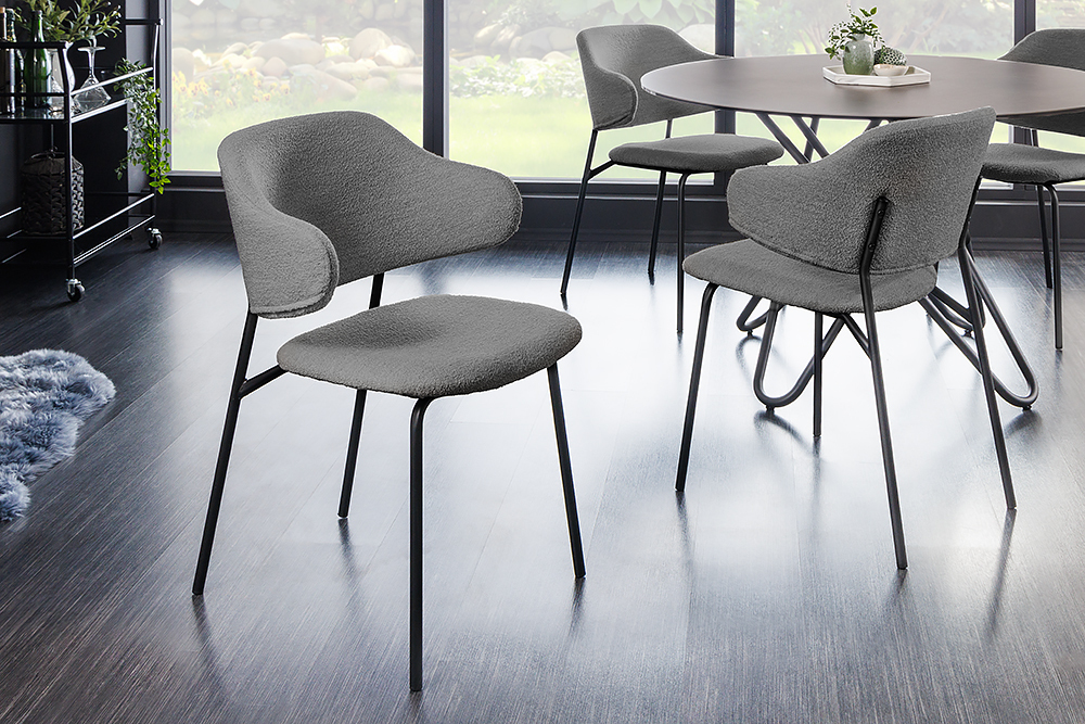 Design Stuhl VOGUE grau Bouclé schwarze Metallbeine