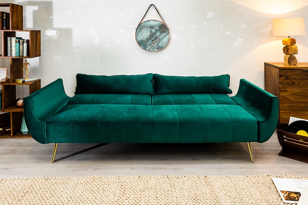 Retro Schlafsofa DIVANI 220cm smaragdgrün Samt goldene Metallfüße 3-Sitzer mit Bettfunktion