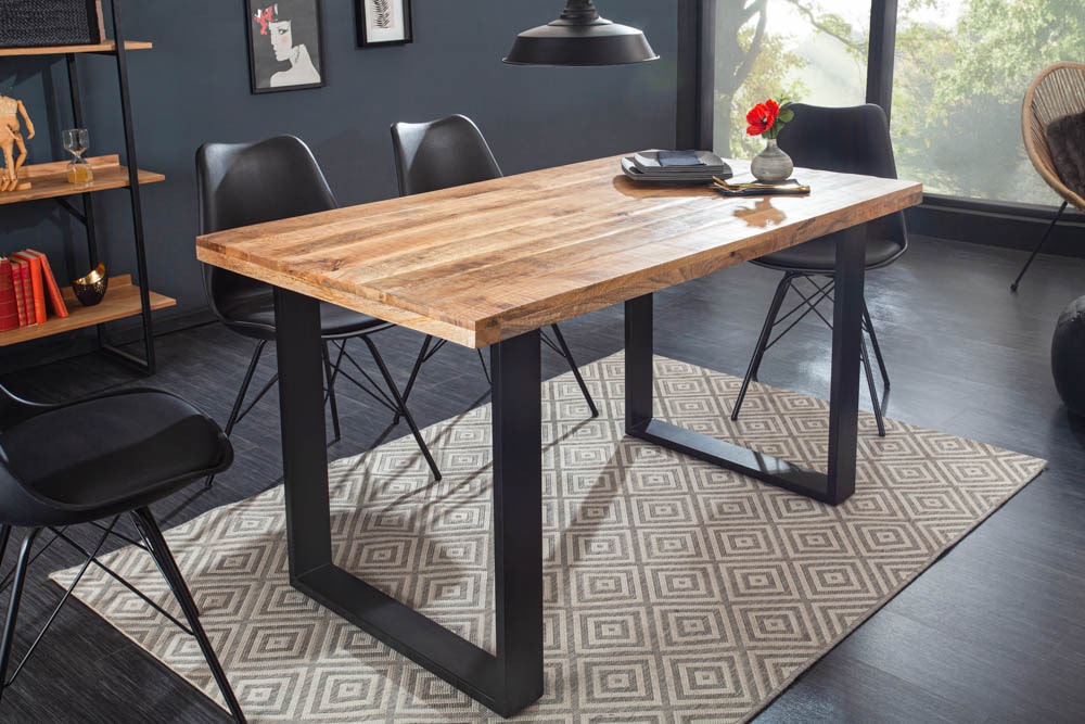 Massiver Esstisch IRON CRAFT 140cm Mangoholz schwarzes Eisengestell Kufe Industrial Design
