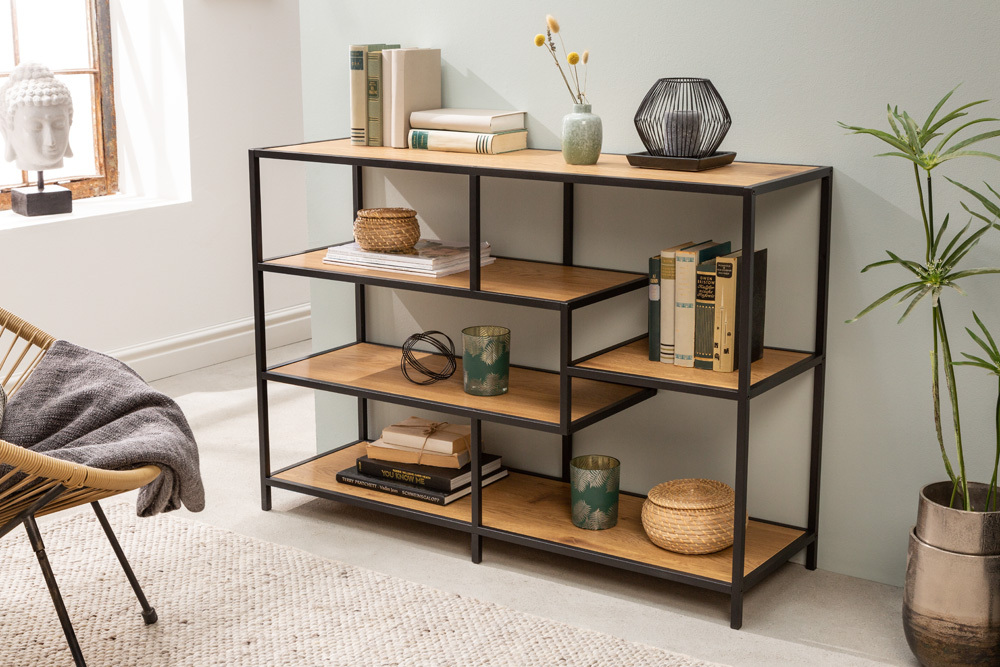 Industrial Bücherregal SLIM LINE 114cm Wildeiche schwarz fünf Regalböden