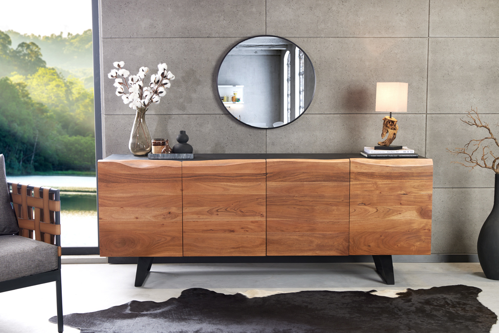 Industrial Design Sideboard ORGANIC ARTWORK 180cm Akazie Massivholz Eisengestell