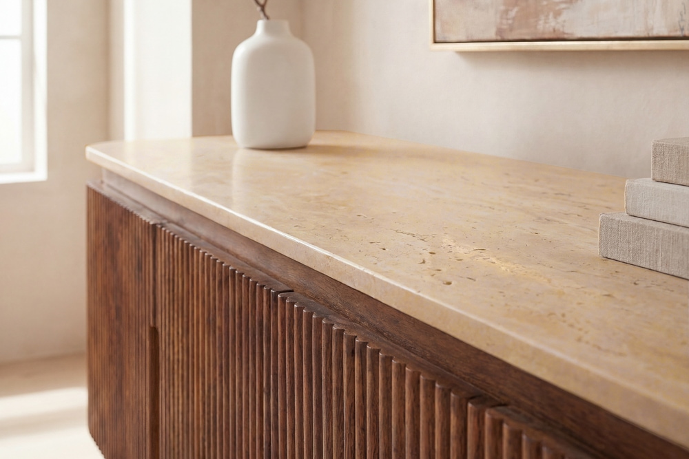 Design TV-Board GATSBY 160cm braun gold Mangoholz mit Travertin Metallgestell