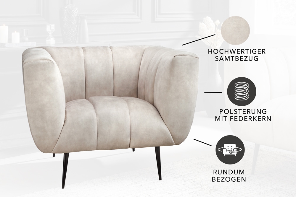 Retro Sessel NOBLESSE 105cm champagner beige Samt mit Ziersteppung