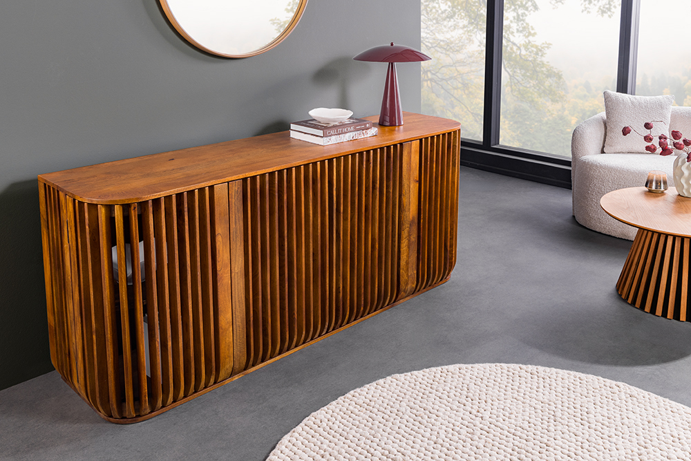 Massives Sideboard SCULPTURA 170cm braun Mangoholz mit abgerundeter Lamellenfront