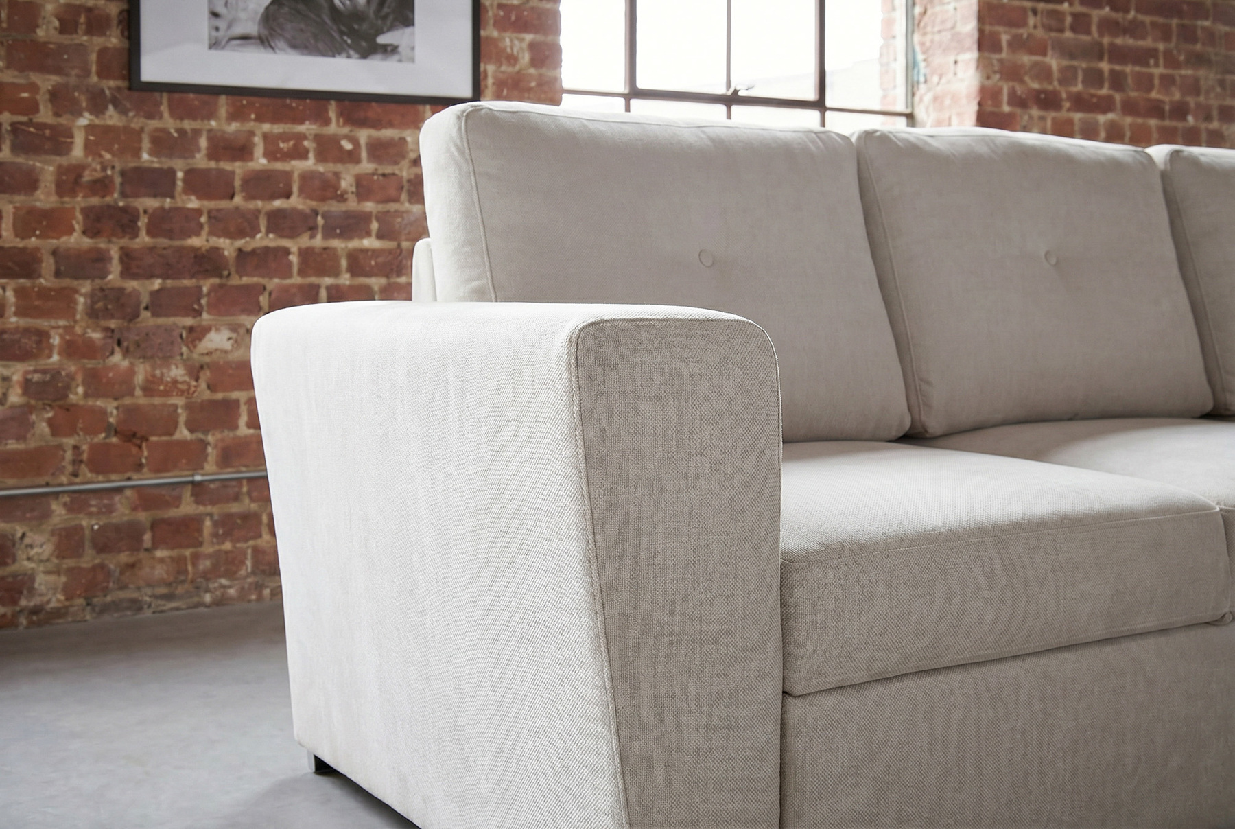 Ecksofa mit Schlaffunktion APARTMENT beidseitig aufbaubar beige Strukturstoff inkl. Stauraum