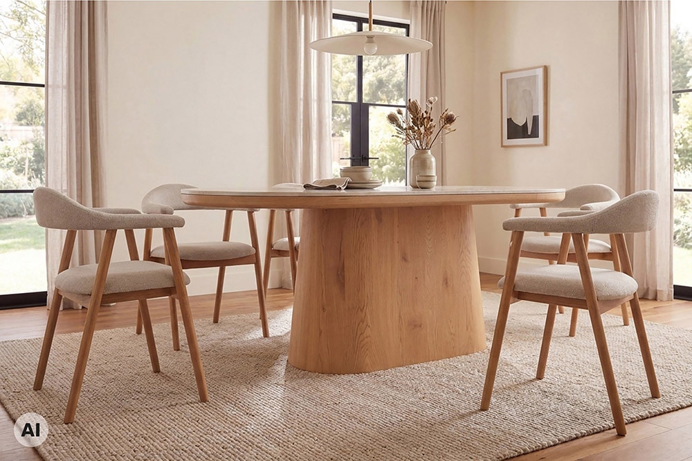 Ovaler Esstisch UNIQUE 200cm beige natur Travertin Eiche mit Säulenfuß