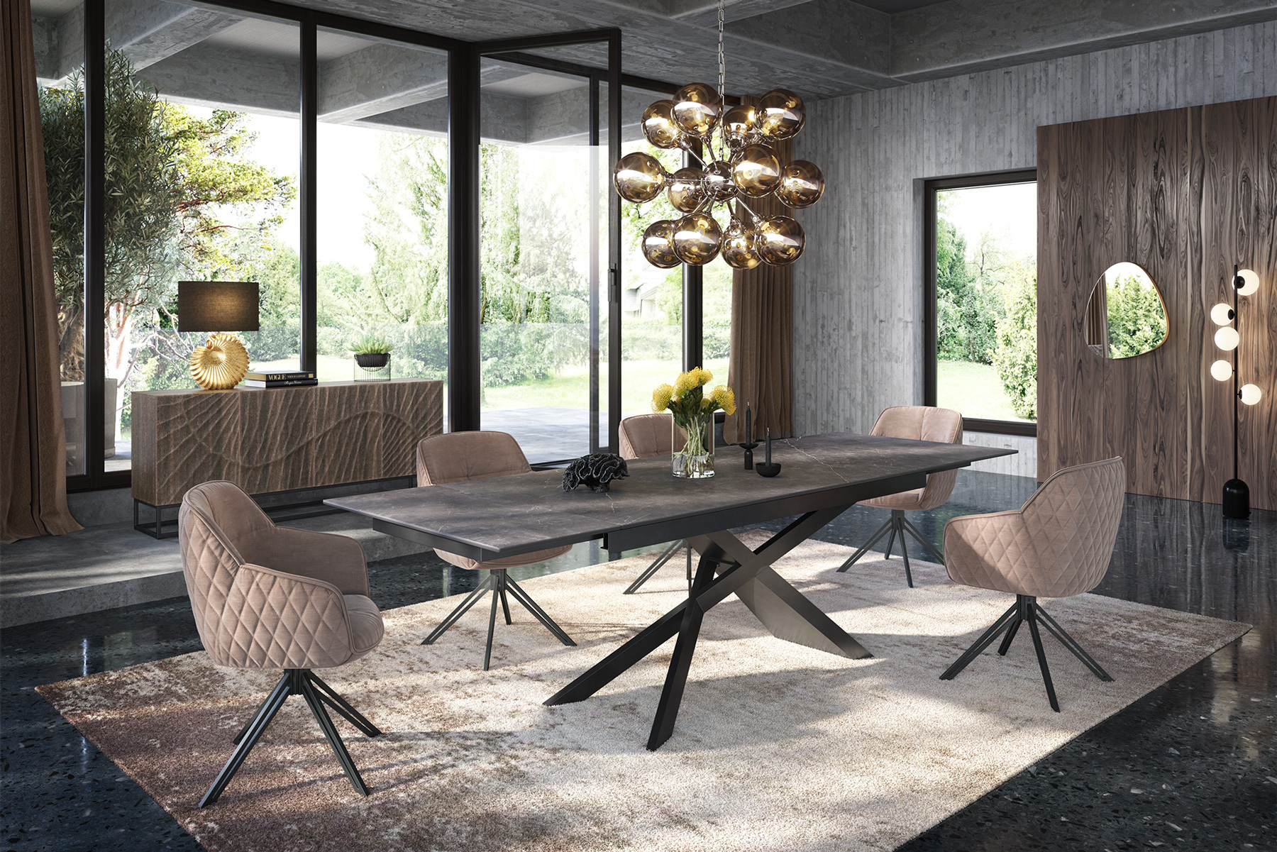 Drehbarer Design Stuhl EUPHORIA champagner greige Samt mit Armlehne Metallgestell schwarz