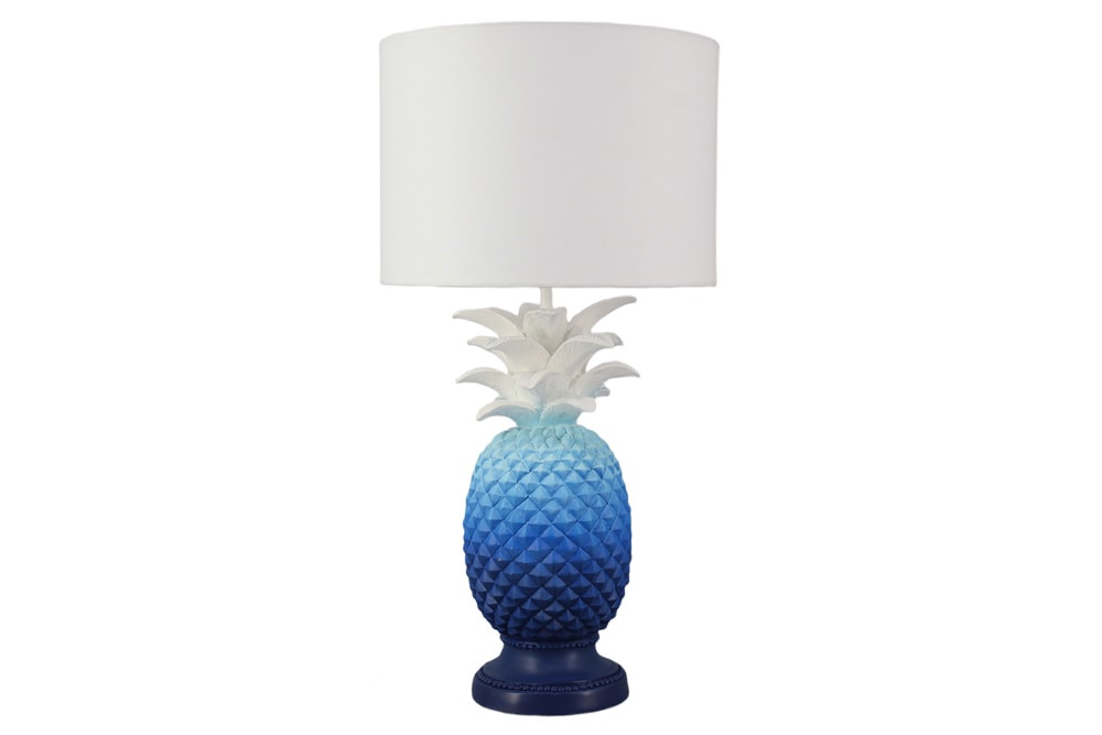 Handgefertigte Tischlampe PINEAPPLE 50cm blau weiß Ananas-Design mit Stoffschirm