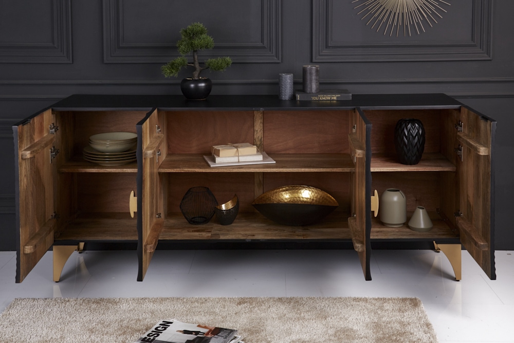 Handgearbeitetes Sideboard GOLDEN SUNSET 180cm schwarz mit 3D Schnitzereien gold Mangoholz Metallbeine