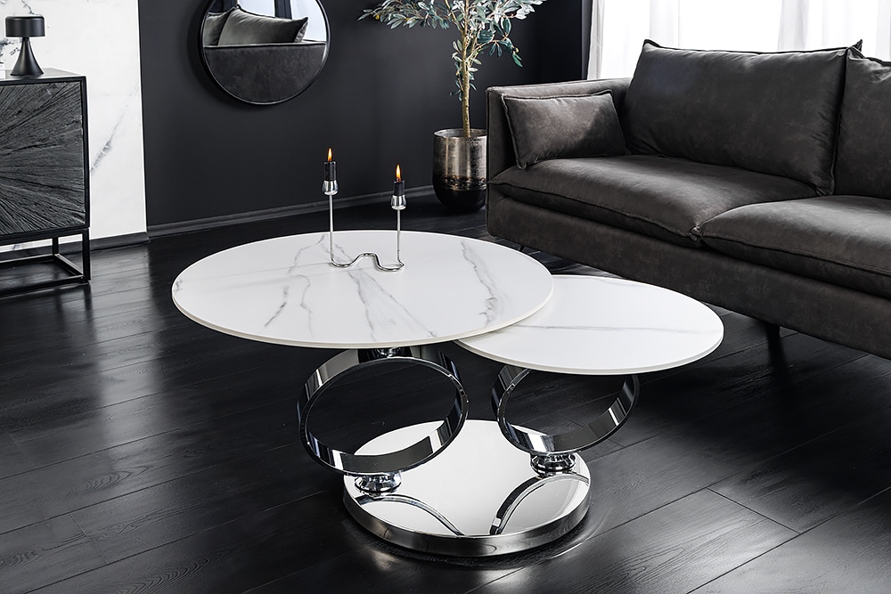 Design Couchtisch DANCING RINGS weiß rund drehbar Marmor Keramik Chrome Gestell